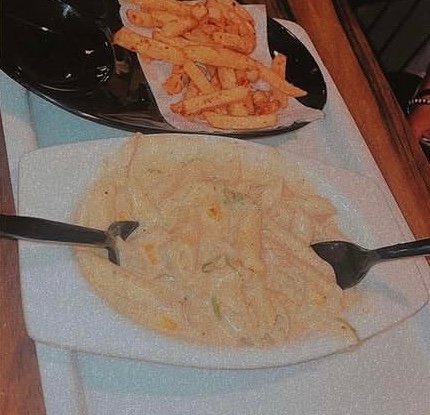 Fries and white sauce pasta